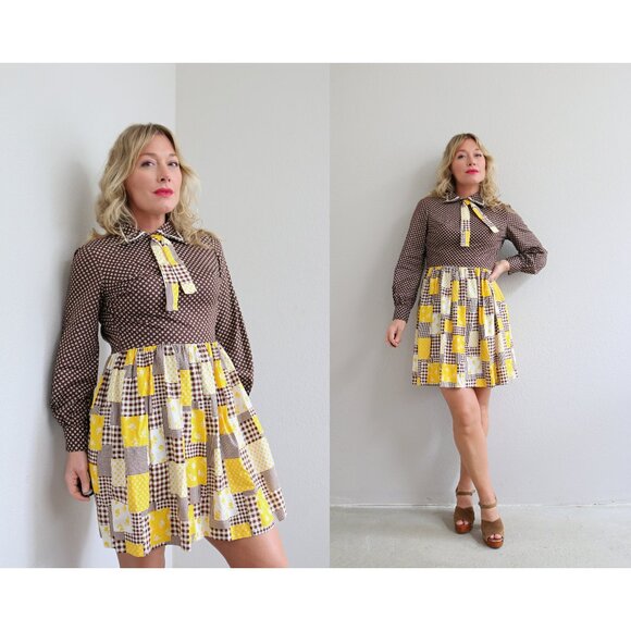1970's Vintage Cocoa & Plaid Mini Dress Women's Double Extra Small XXS to XS 0 2 - Picture 1 of 10